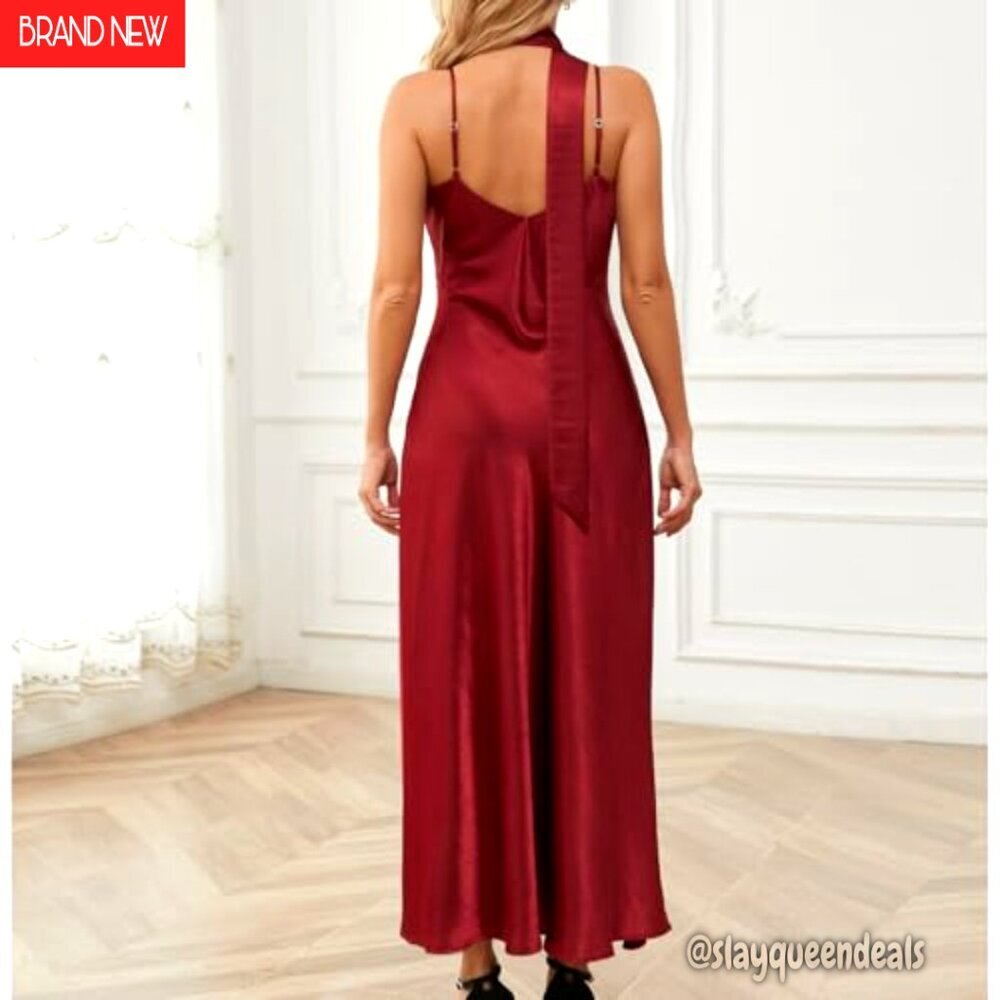 Satin Maxi Dress with Detachable Scarf, V-Neck, Formal Wear - Picture 4 of 7